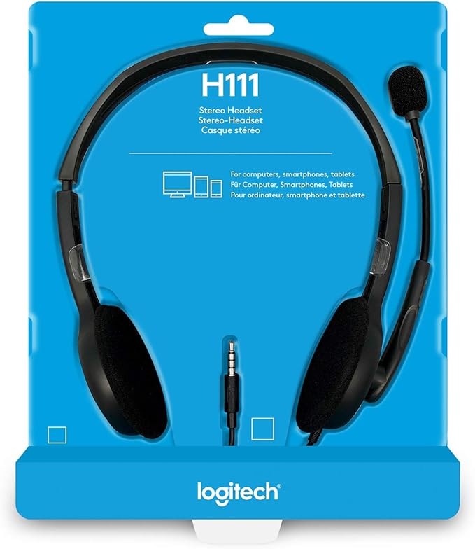 Logitech H111 Wired Headset, Stereo Headphones with Noise-Cancelling Microphone,